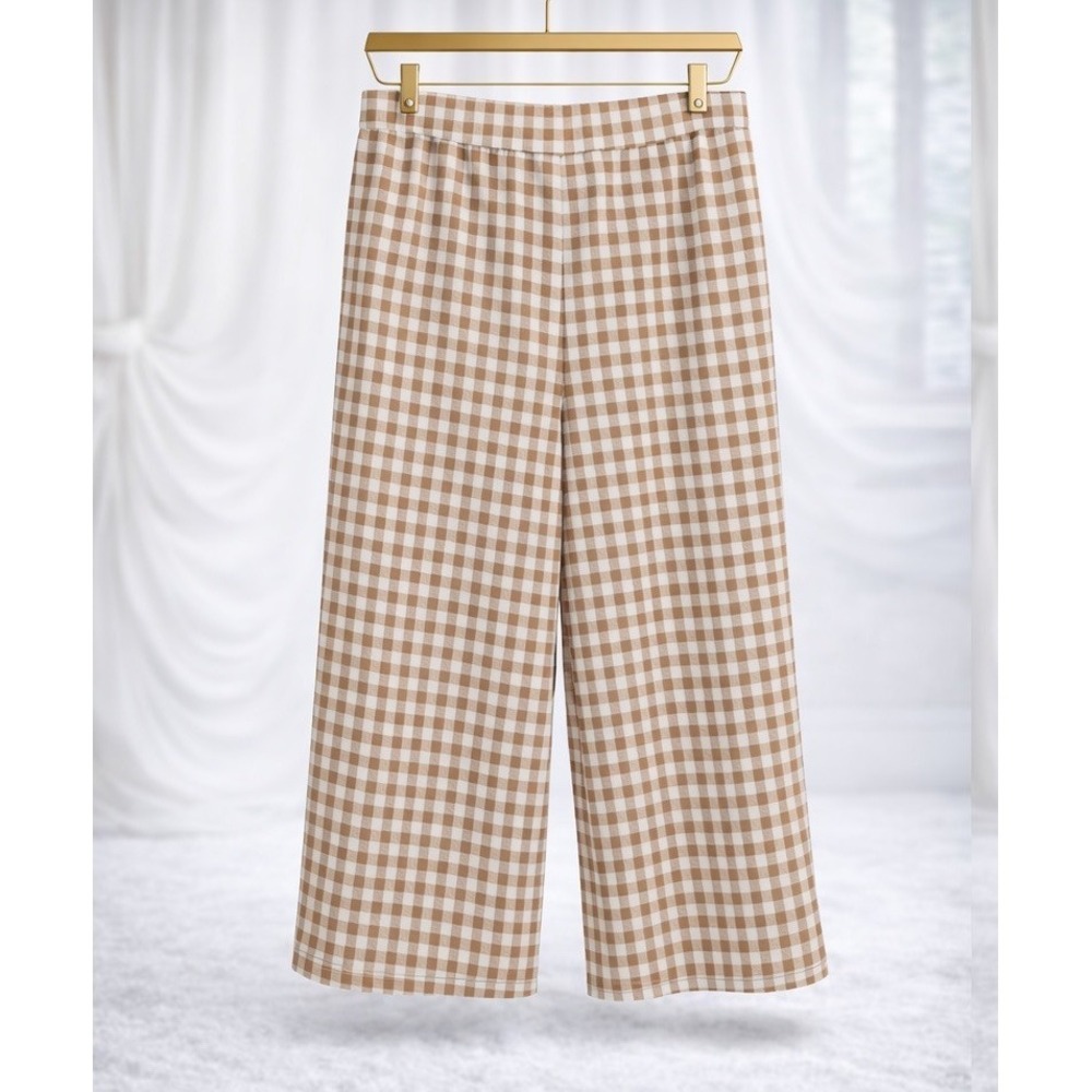 Susan Graver Liquid Knit Pull-On Wide Leg Crop Pants Size 1X Tan Gingham A479215